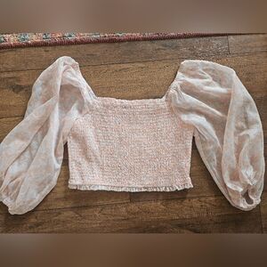 Chic Light Pink Smocked Blouse with Puff Sleeves